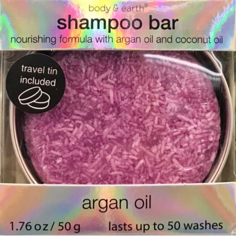 NWT Body Earth Argan Oil Shampoo Bar + Travel Tin 50 Use Travel Camping Airline